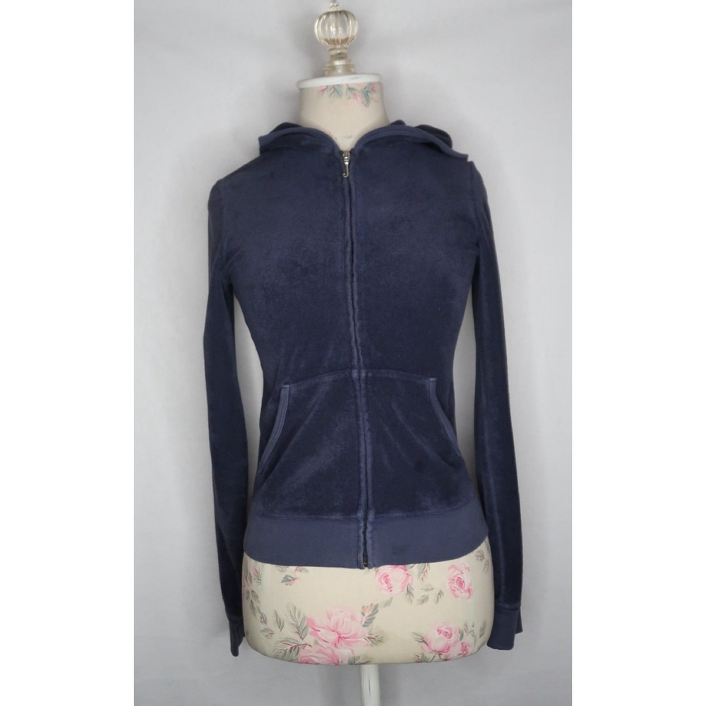 Juicy Couture Terry Zip Hoodie Navy Blue Y2K Zip Up Jacket Womens S USA Made EUC